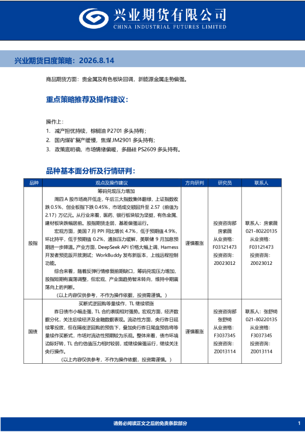 兴业期货日度策略