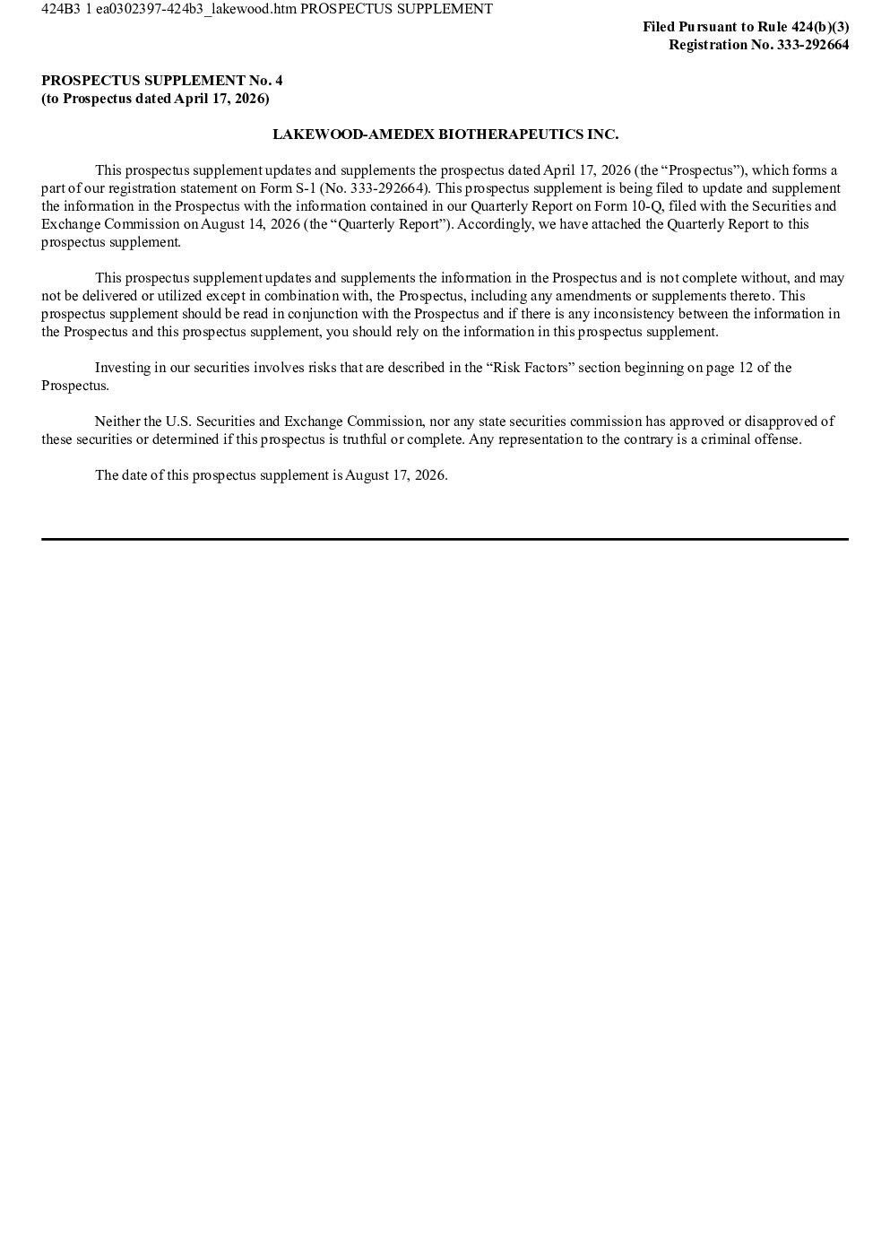 
Lakewood-Amedex Biotherapeutics Inc. 美股招股说明书（2026年8月17日版）
