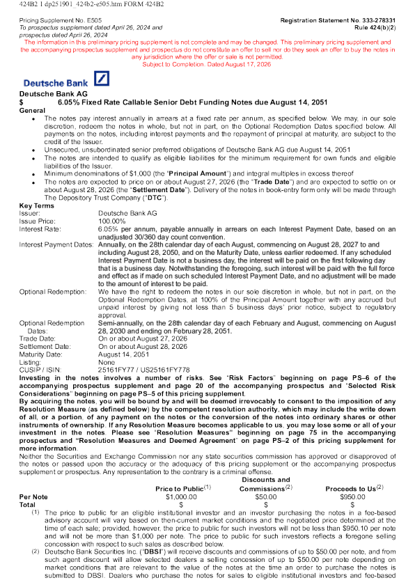德意志银行美股招股说明书(2026-08-17版)