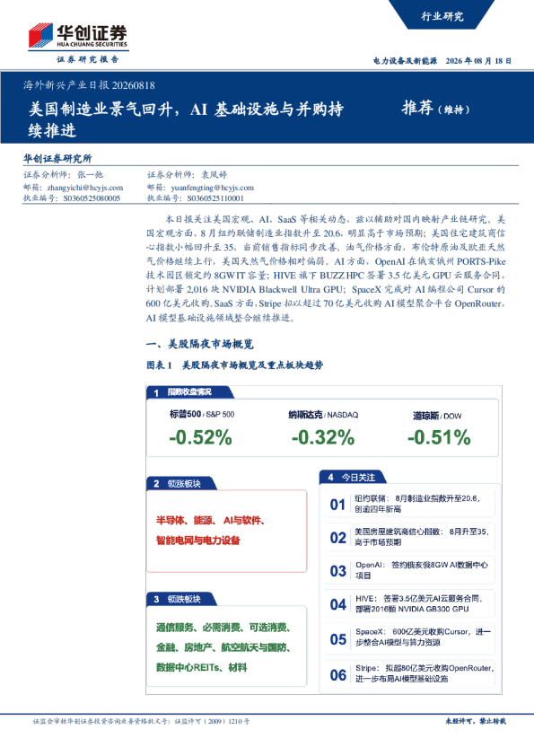 海外新兴产业日报：美国制造业景气回升，AI基础设施与并购持续推进