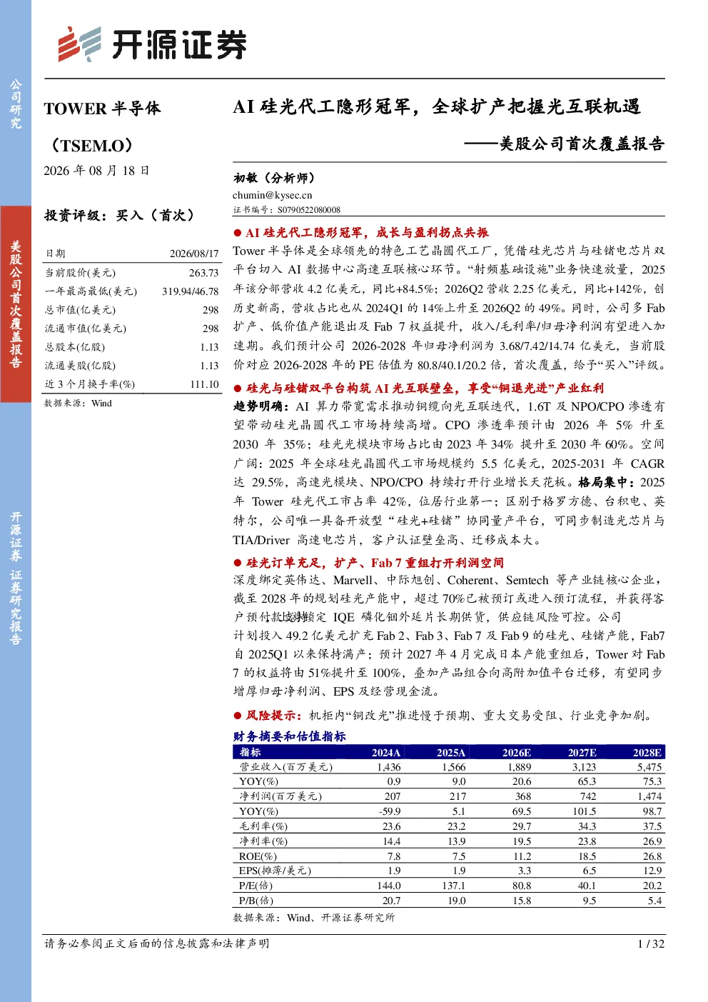 美股公司首次覆盖报告：AI硅光代工隐形冠军，全球扩产把握光互联机遇