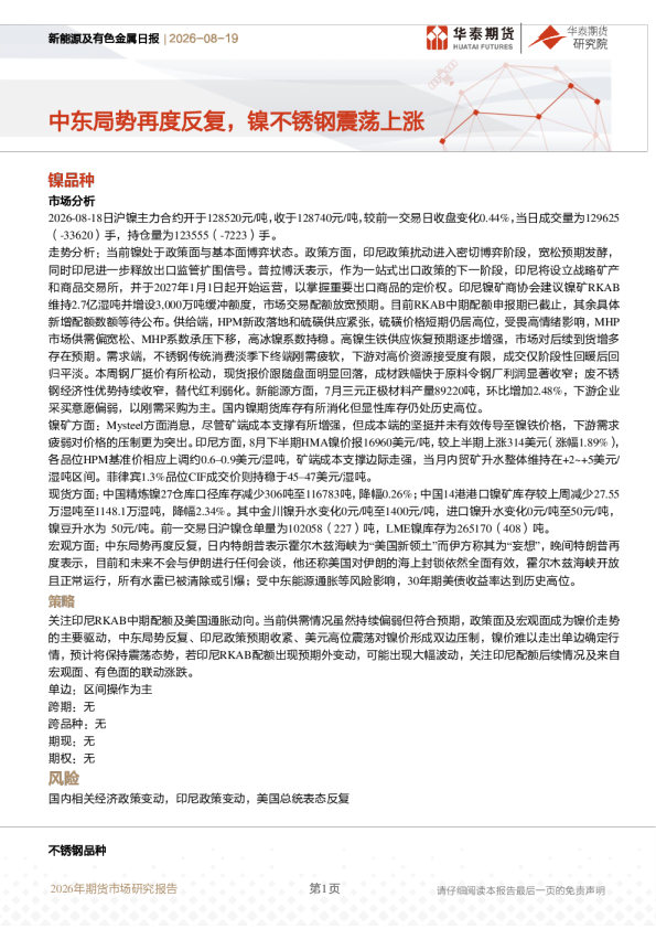 新能源及有色金属日报：中东局势再度反复，镍不锈钢震荡上涨