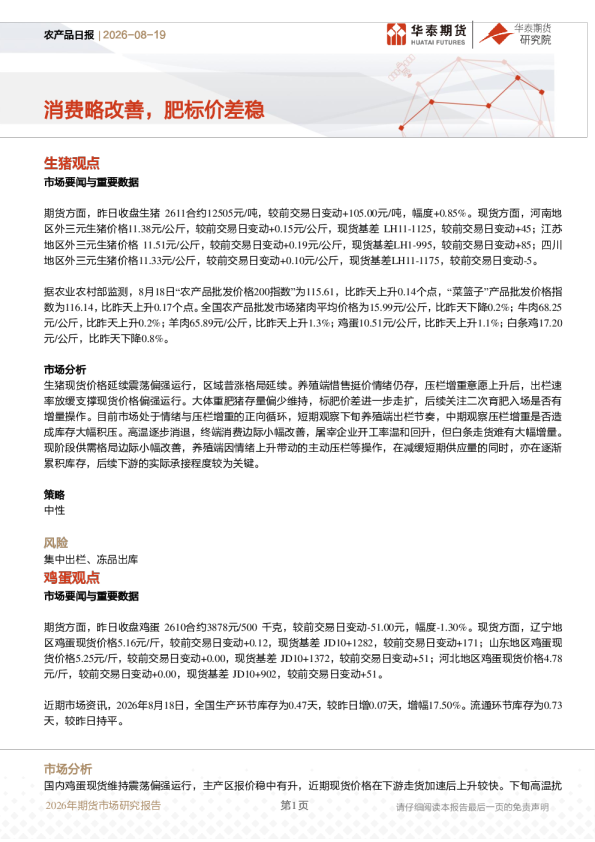 农产品日报：消费略改善，肥标价差稳