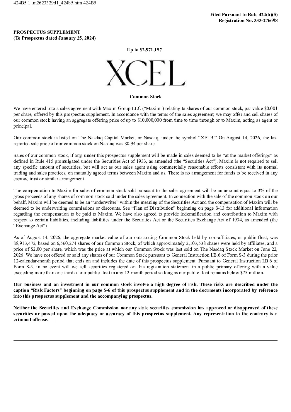 Xcel Brands Inc美股招股说明书(2026-08-19版)