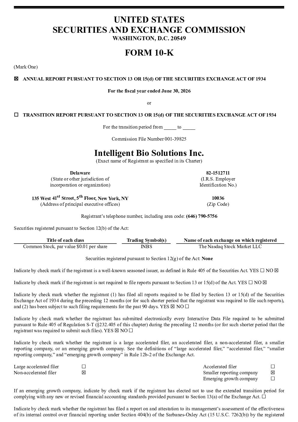 Intelligent Bio Solutions Inc 2025年度报告