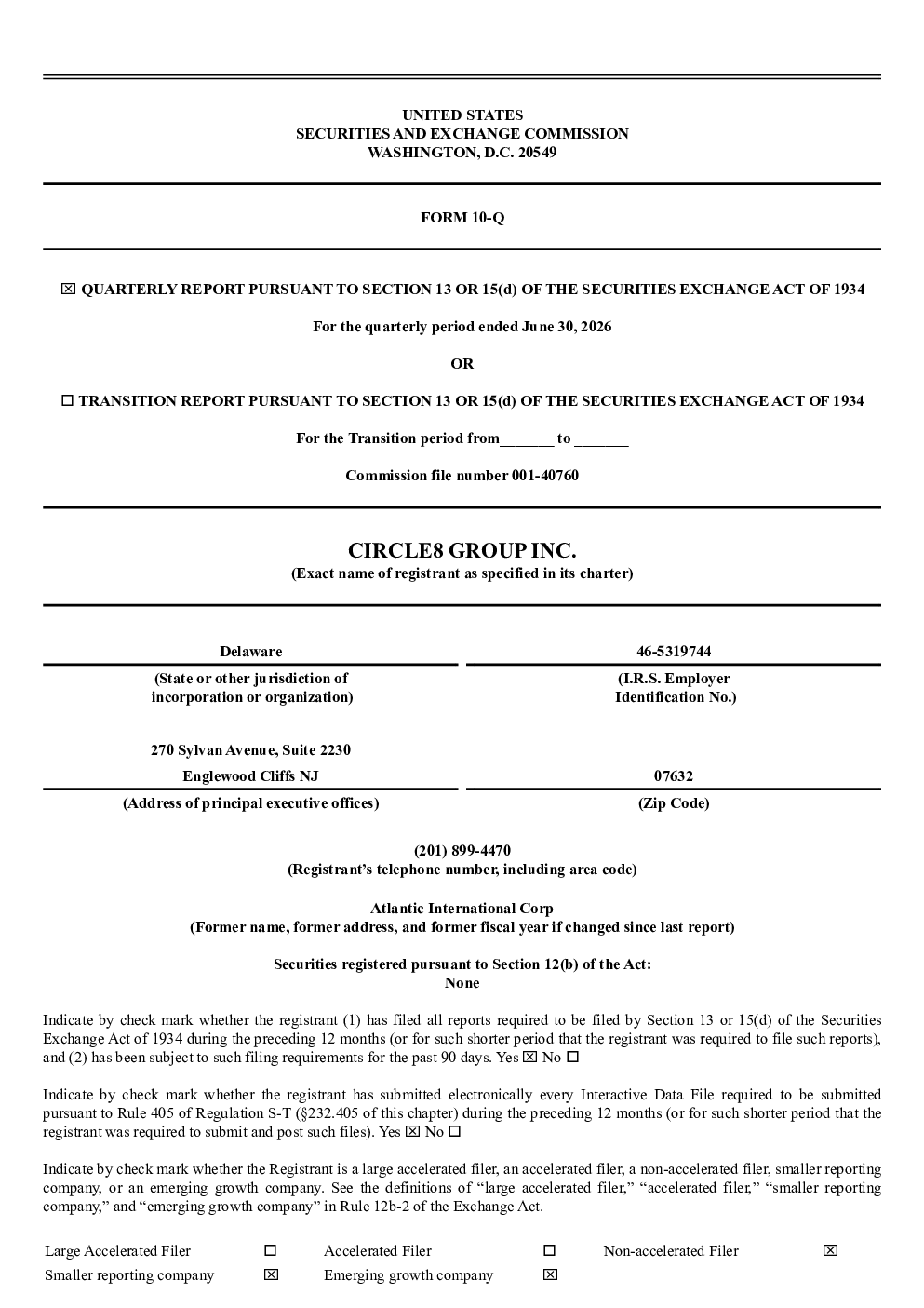 Circle8 Group Inc 2026年季度报告