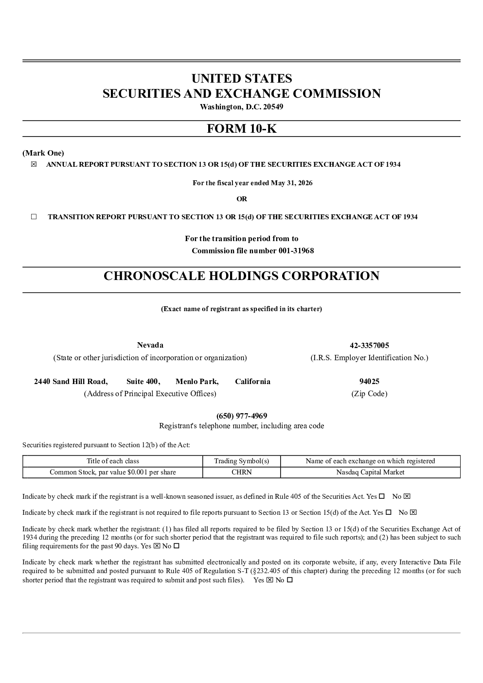 ChronoScale Holdings Corp 2025年度报告
