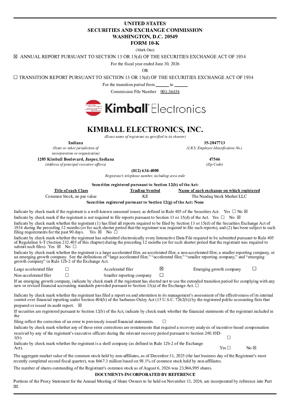 Kimball Electronics Inc 2025年度报告