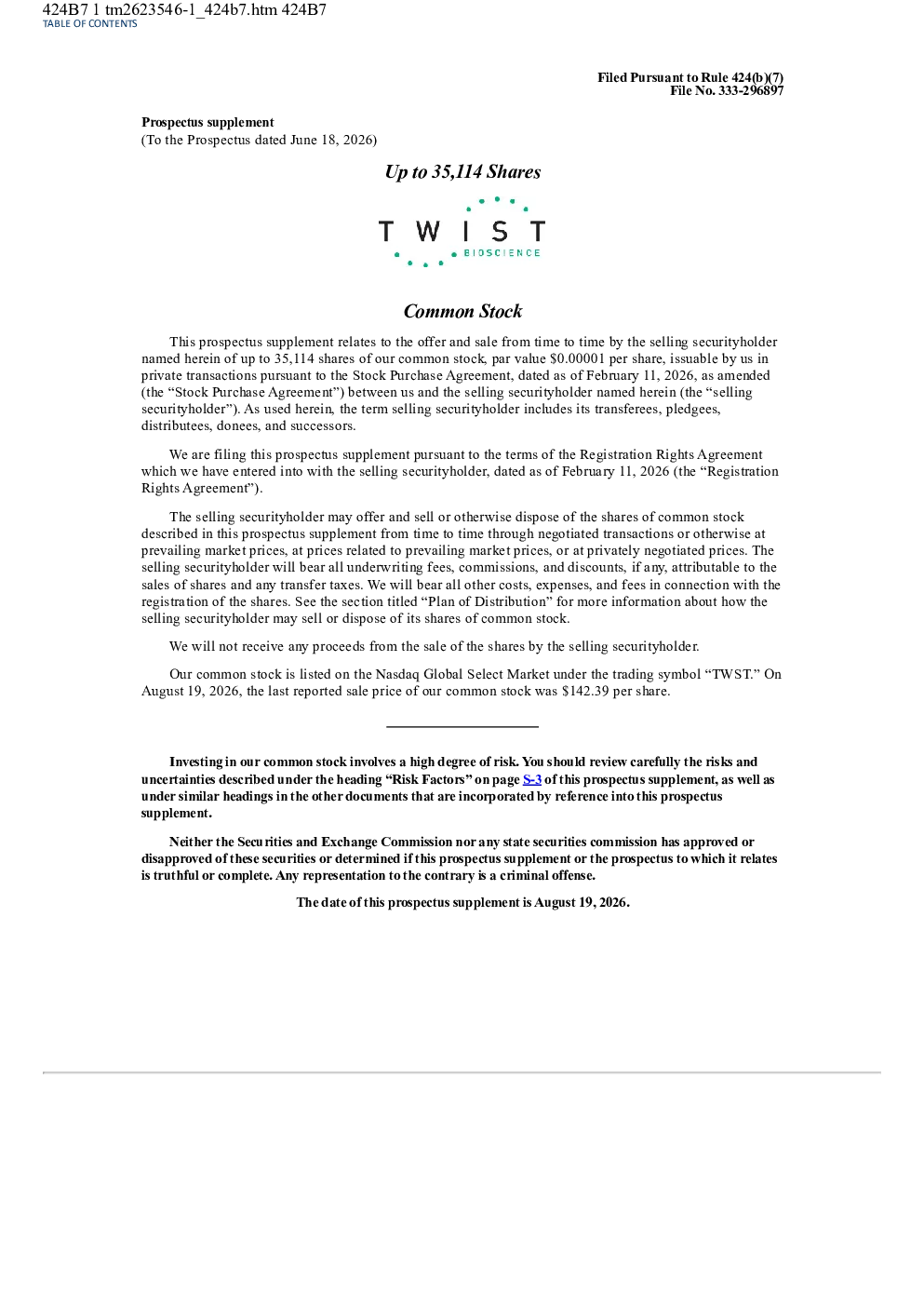 Twist Bioscience Corp美股招股说明书(2026-08-19版)
