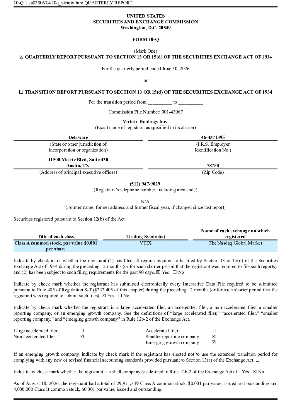 Virtuix Holdings Inc-A 2026年季度报告