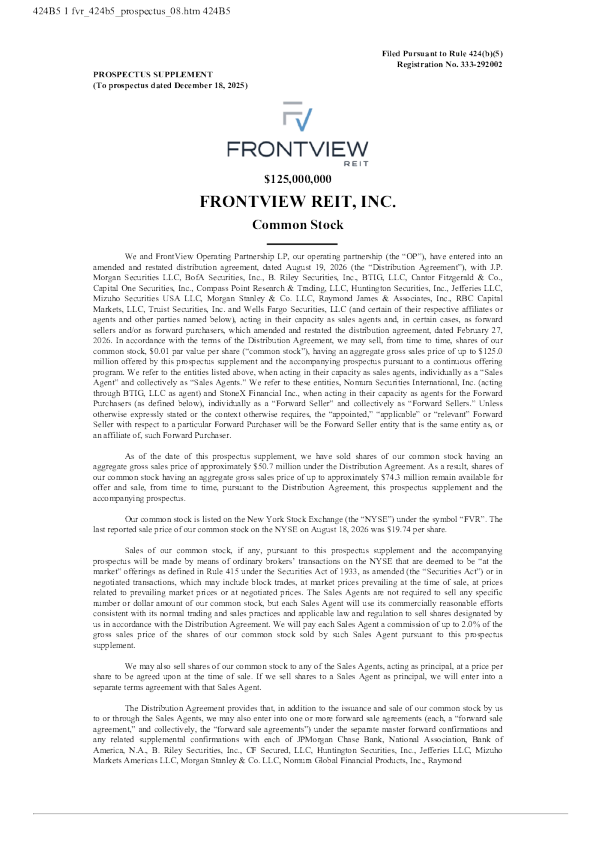 FrontView REIT Inc美股招股说明书(2026-08-19版)