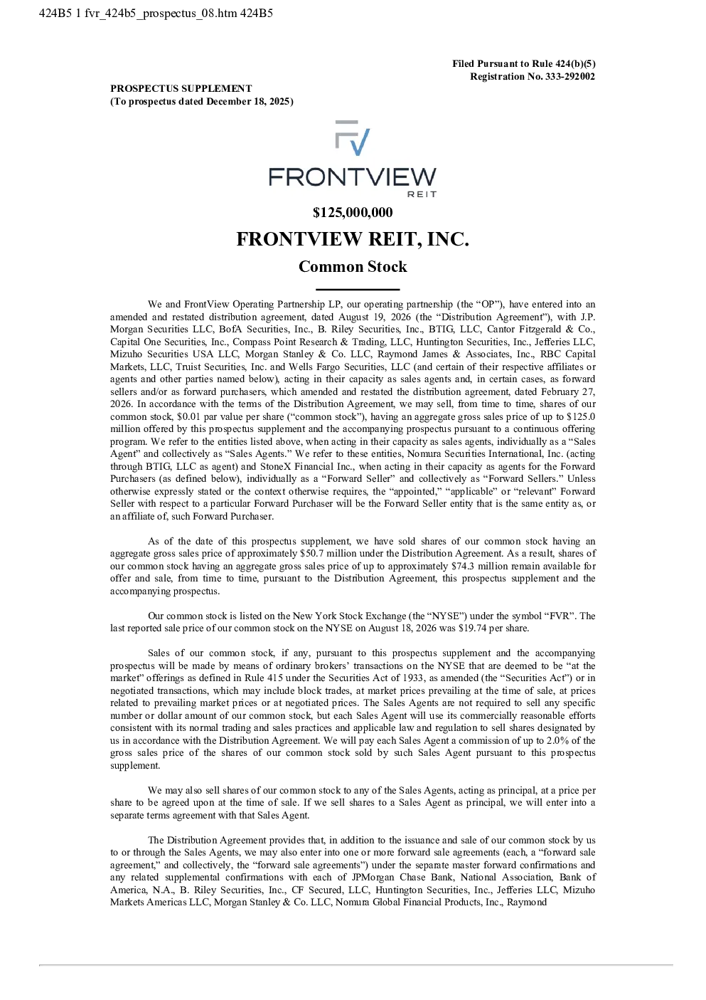 FrontView REIT Inc美股招股说明书(2026-08-19版)