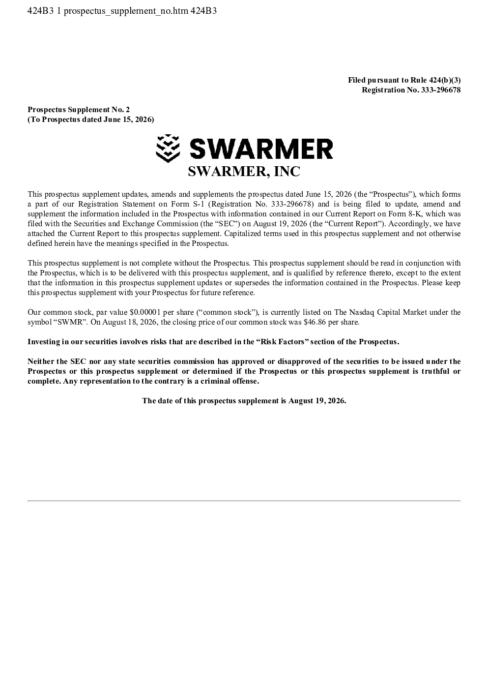 Swarmer Inc美股招股说明书(2026-08-19版)