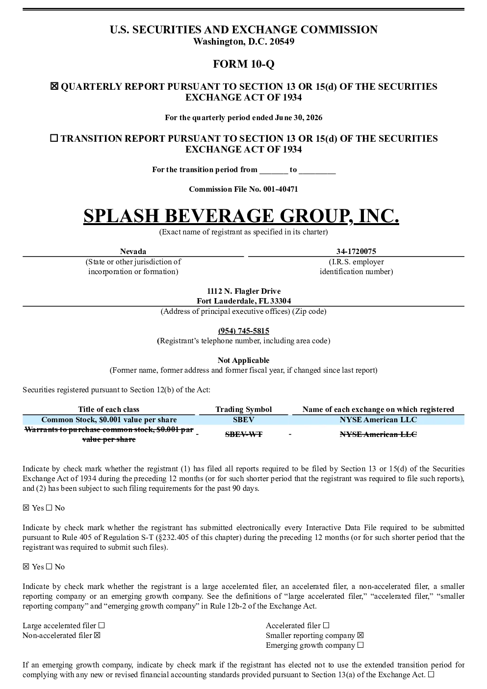 
 Splash Beverage Group Inc 2026年季度报告