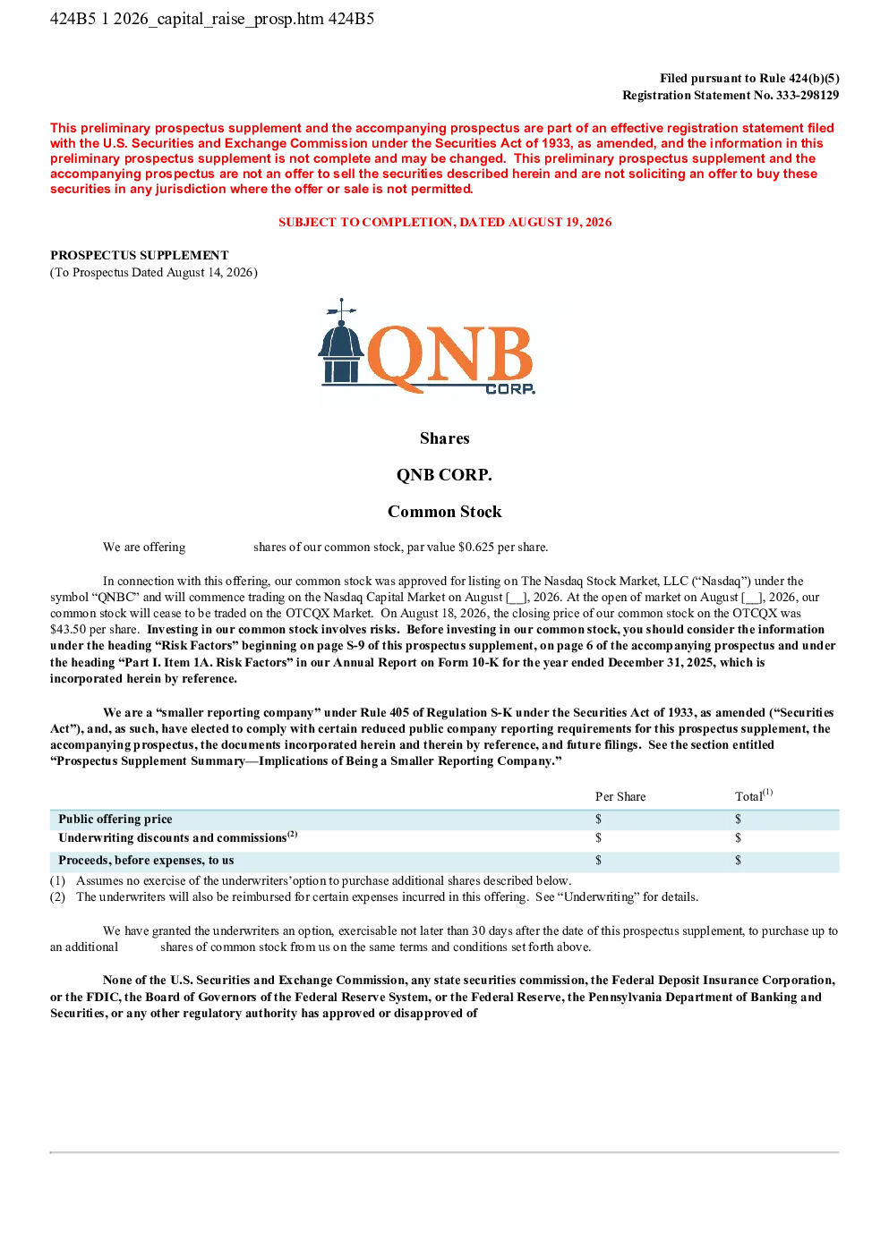 QNB Corp美股招股说明书(2026-08-19版)