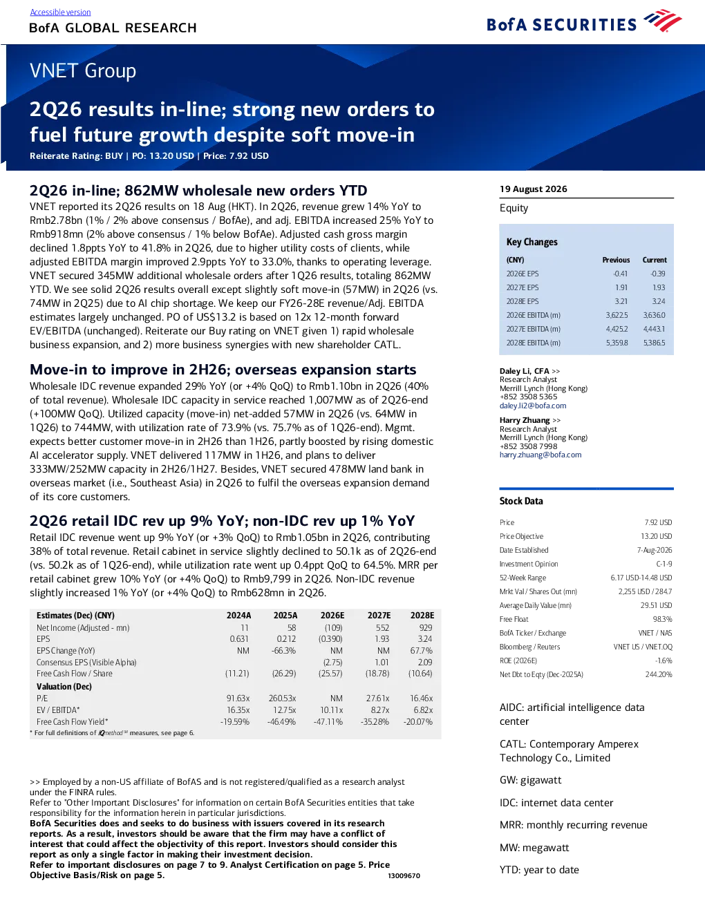 世纪互联（VNET.US）2Q26业绩符合预期；强劲新订单助力未来增长
