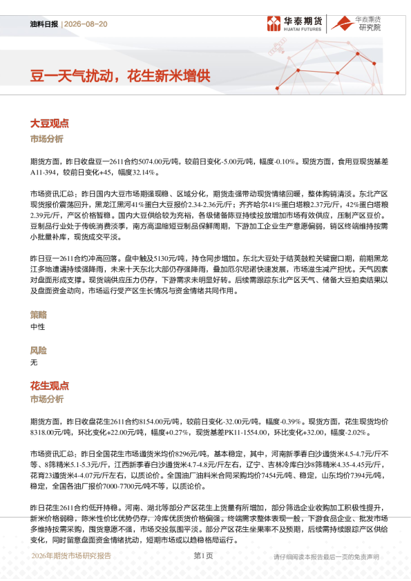 油料日报：豆一天气扰动，花生新米增供