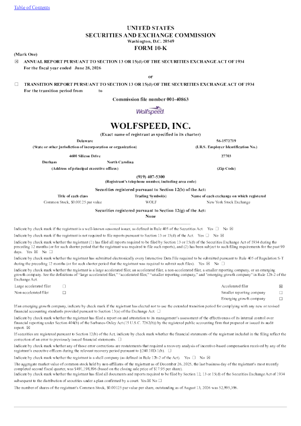 Wolfspeed Inc 2025年度报告
