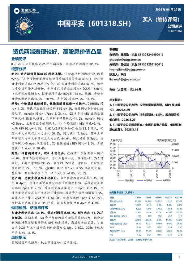 资负两端表现较好，高股息价值凸显——中国平安公司点评