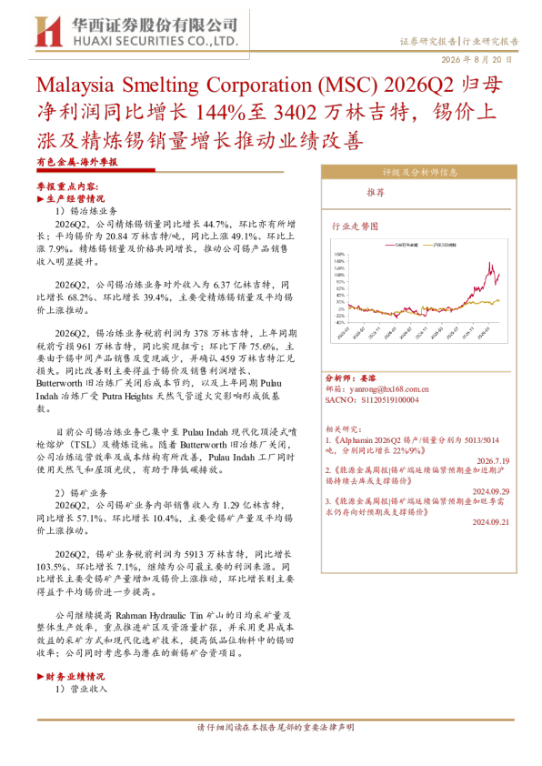 马来西亚冶炼公司（MSC）2026年第二季度归母净利润同比增长144%至3402万林吉特 锡价上涨及精炼锡销量增长推动业绩改善