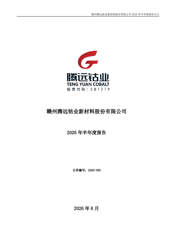腾远钴业：2026年半年度报告