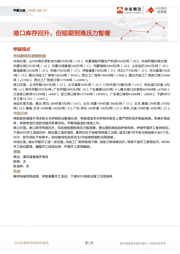 甲醇日报：港口库存回升，但短期到港压力暂缓