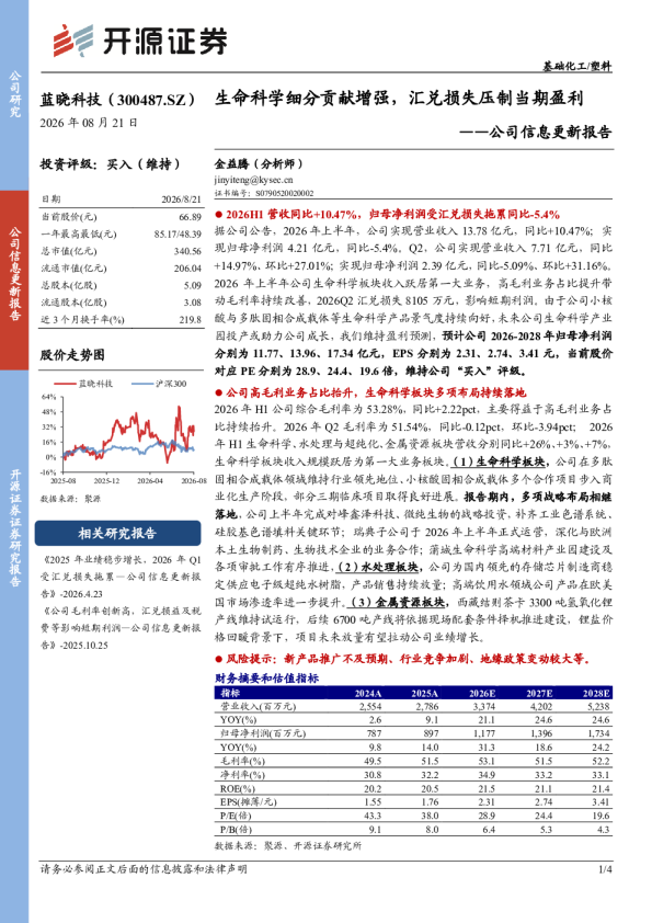 生命科学细分贡献增强，汇兑损失压制当期盈利