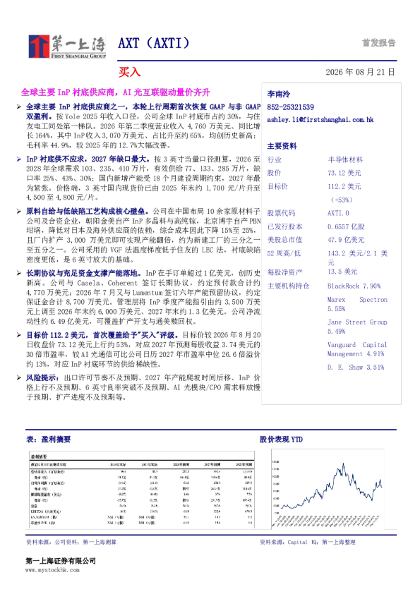 AI光互联驱动InP衬底量价齐升：AXTI（AXTI）首次覆盖报告