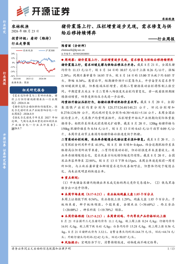 农林牧渔行业周报：猪价震荡上行、压栏增重逐步兑现，需求修复与供给后移持续博弈