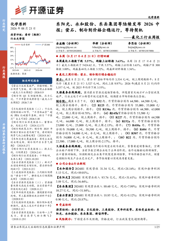 氟化工行业周报：东阳光、永和股份、东岳集团等陆续发布2026中报；萤石、制冷剂价格企稳运行，等待契机