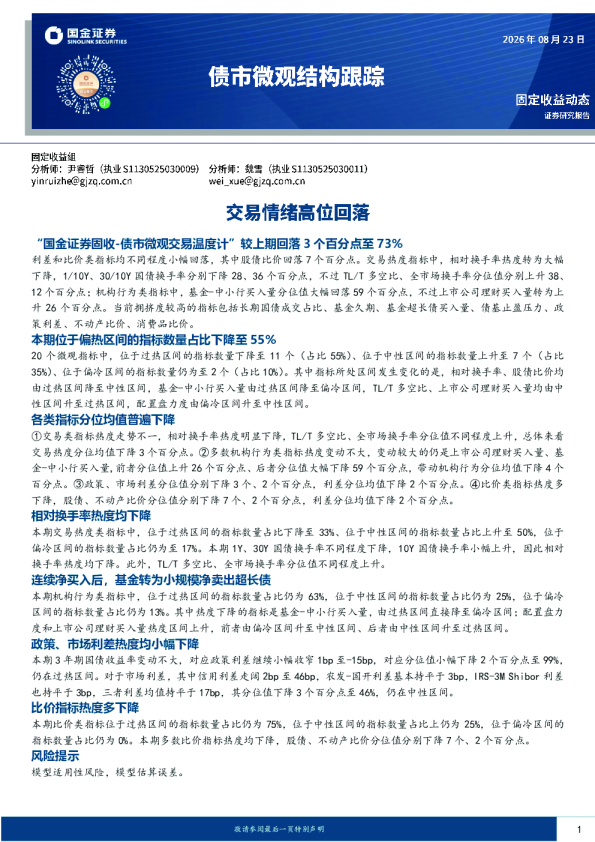 债市微观结构跟踪：交易情绪高位回落