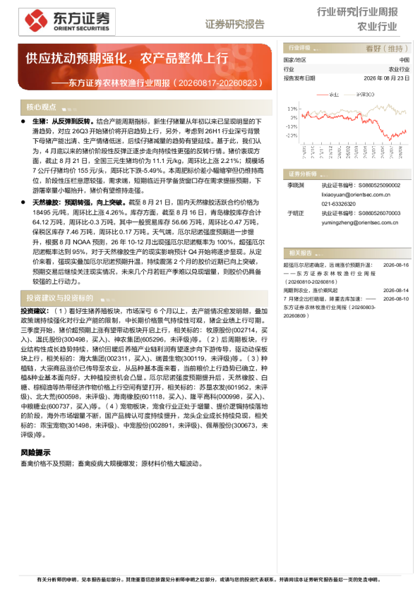 农林牧渔行业周报：供应扰动预期强化，农产品整体上行