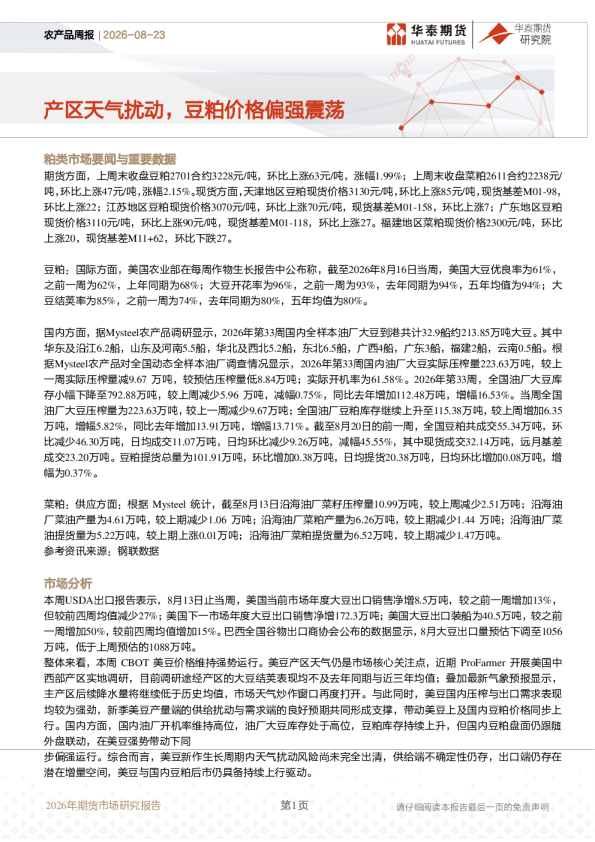 农产品周报：产区天气扰动，豆粕价格偏强震荡