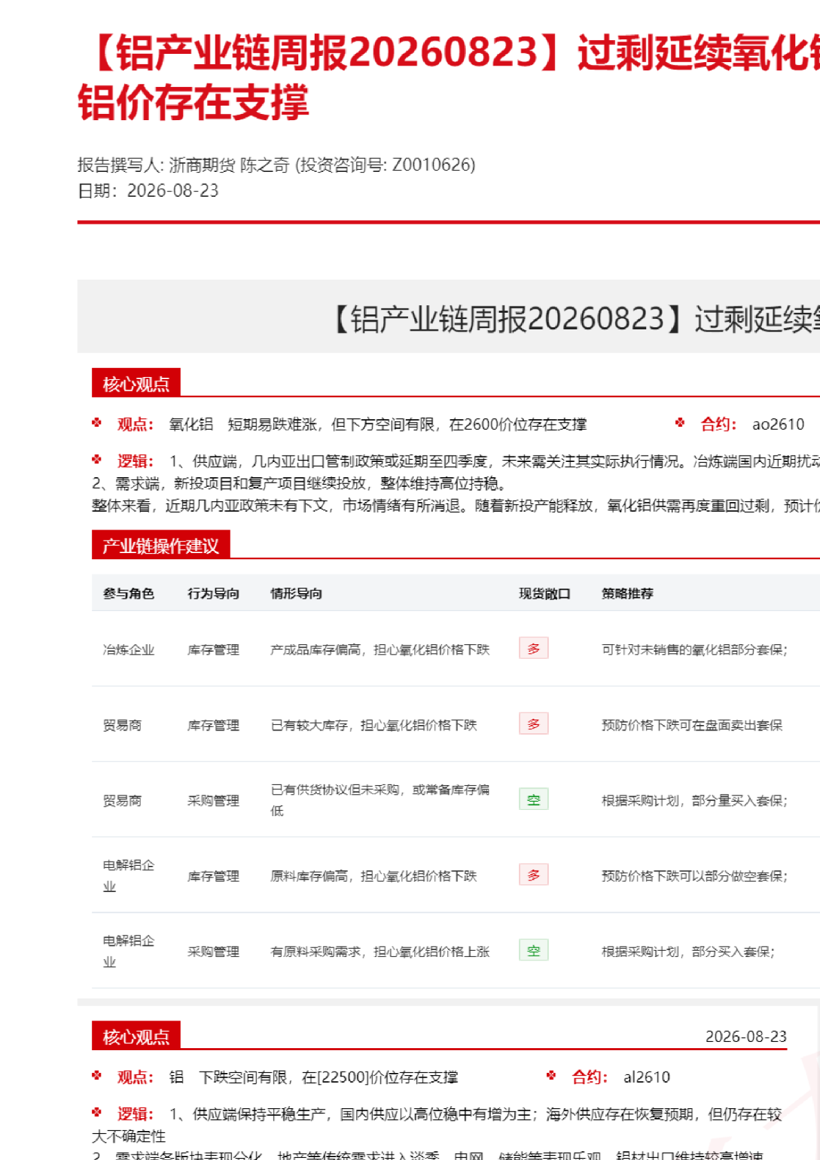 【铝产业链周报】过剩延续氧化铝低位震荡 库存去化铝价存在支撑