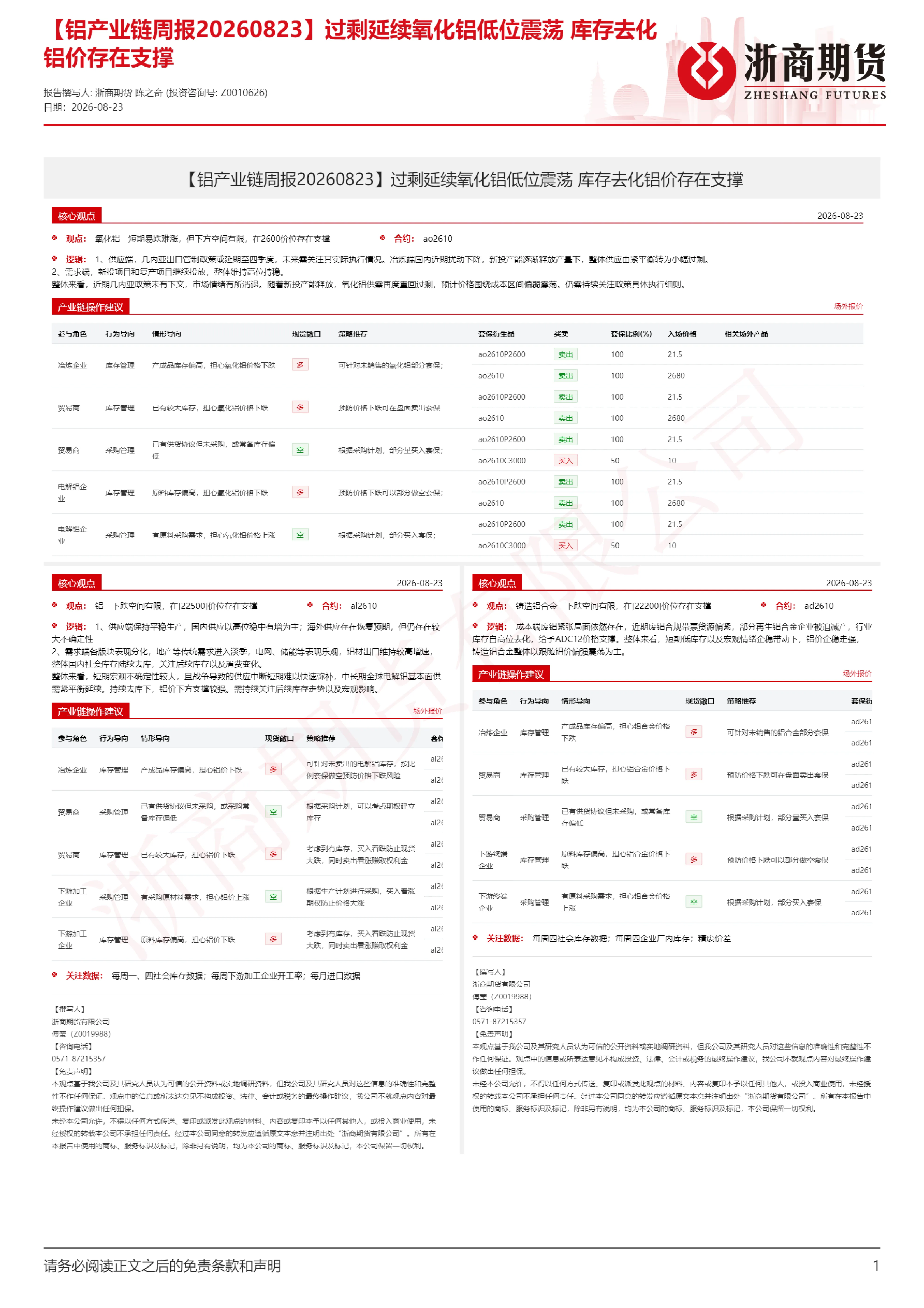 【铝产业链周报】过剩延续氧化铝低位震荡 库存去化铝价存在支撑