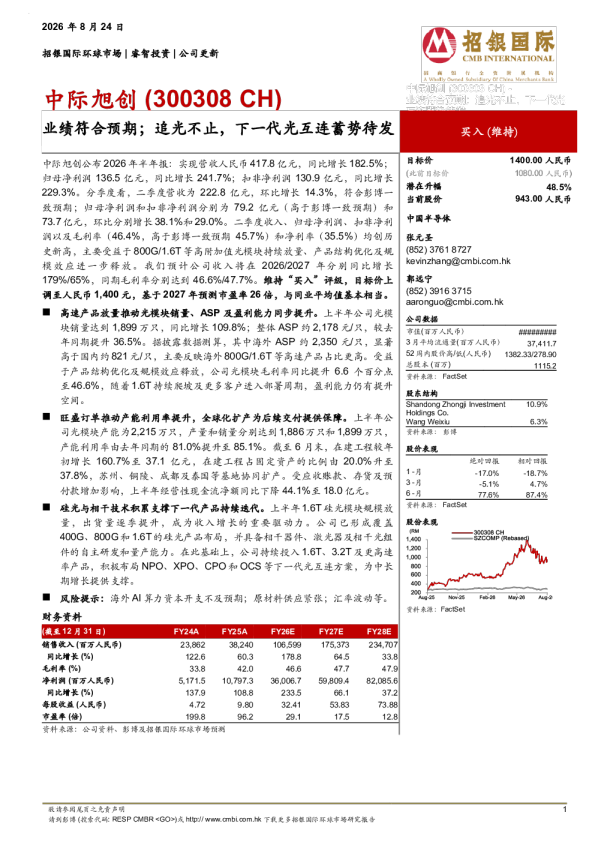 业绩符合预期；追光不止，下一代光互连蓄势待发