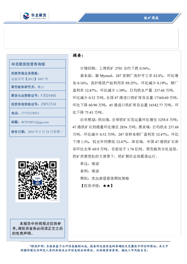 华龙期货铁矿周报