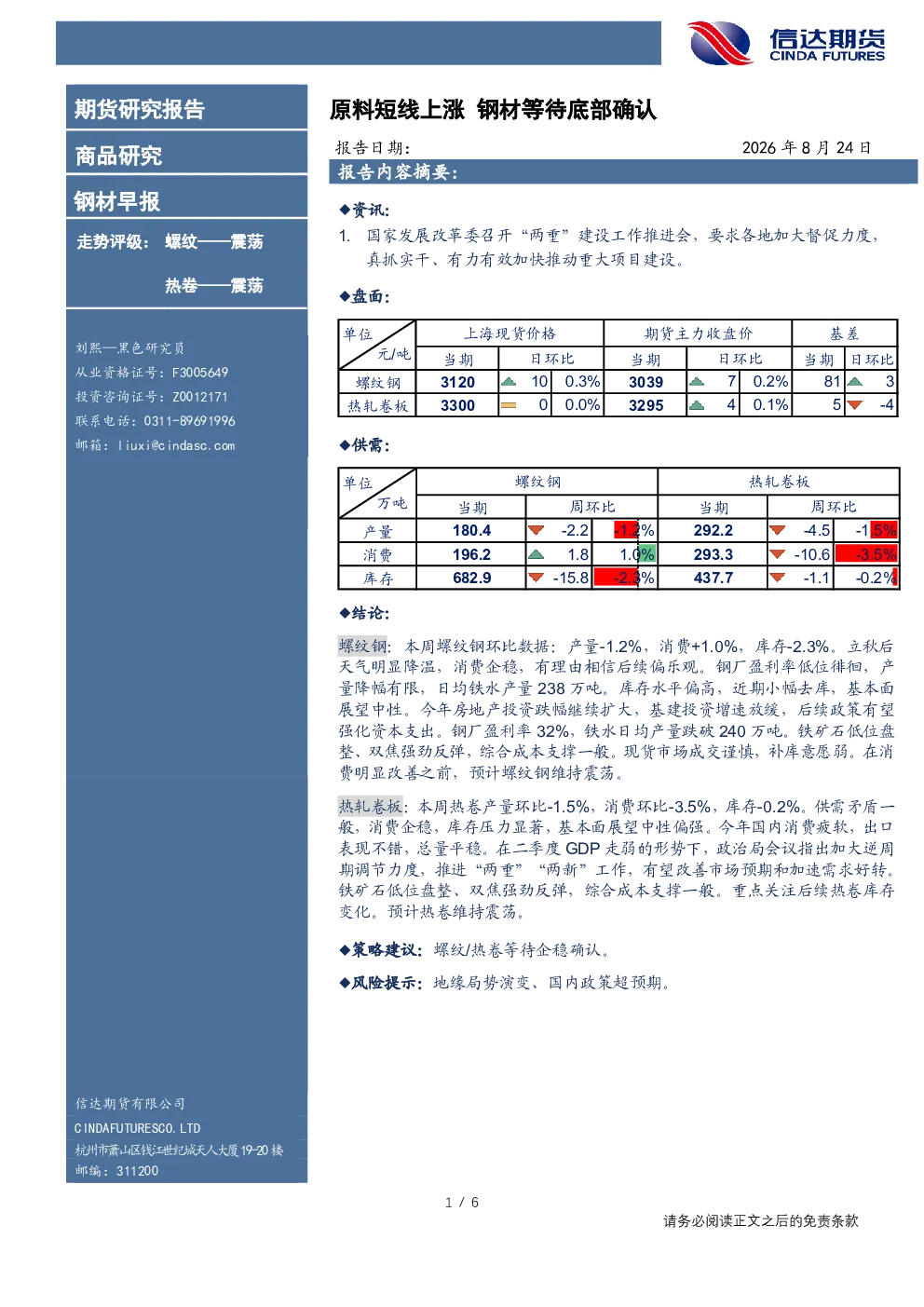 钢材早报：原料短线上涨，钢材等待底部确认