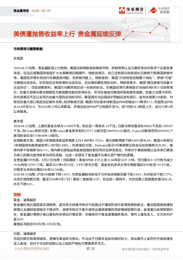 美债遭抛售收益率上行贵金属延续反弹