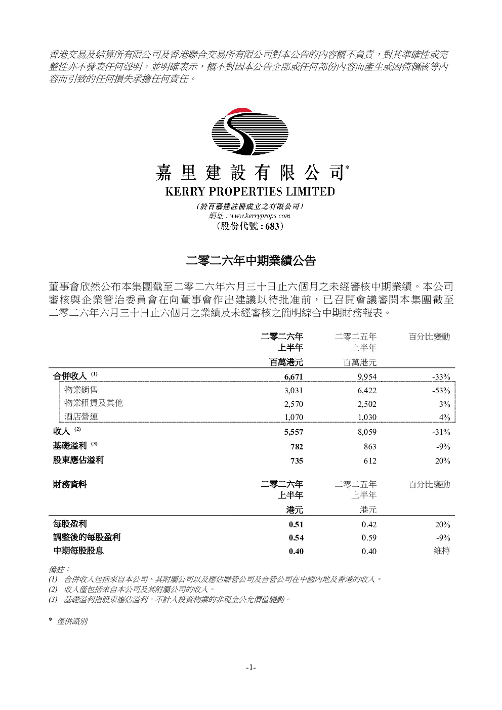 嘉里建设：二零二六年中期业绩公告