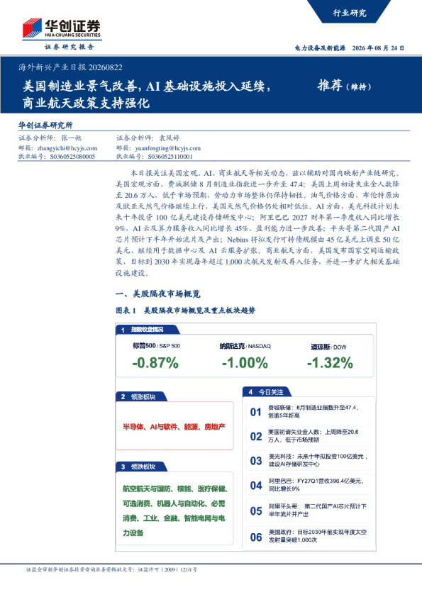 海外新兴产业日报20260822：美国制造业景气改善，AI基础设施投入延续，商业航天政策支持强化