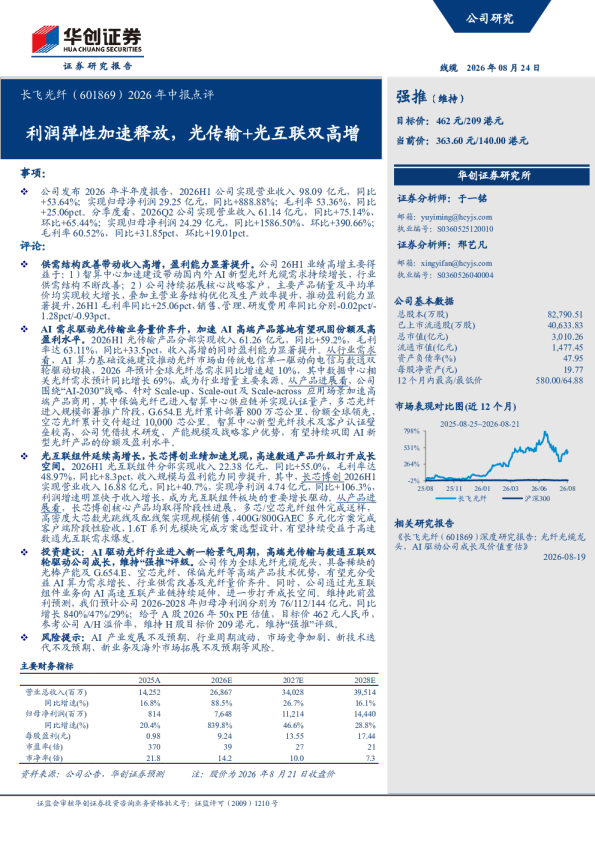 利润弹性加速释放，光传输+光互联双高增长飞光纤6018692026年中报点评