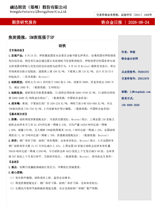 铁合金日报-焦炭提涨，SM表现强于SF