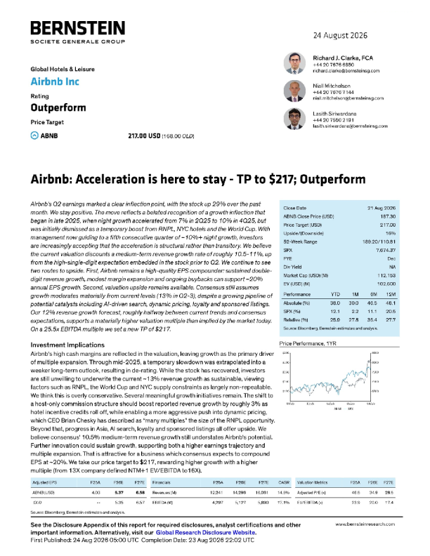 Airbnb：增长加速将持续，目标价上调至217美元，跑赢大市