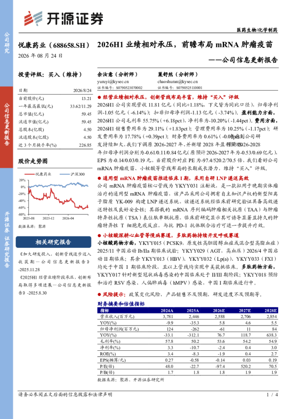 公司信息更新报告：2026H1业绩相对承压，前瞻布局mRNA肿瘤疫苗