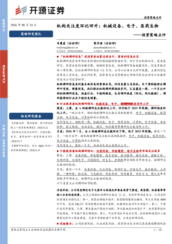 投资策略点评：机构关注度环比回升：机械设备、电子、医药生物
