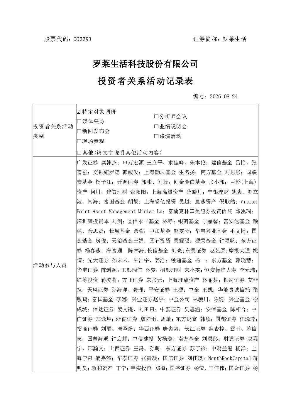 002293 罗莱生活 002293罗莱生活投资者关系管理信息20260824