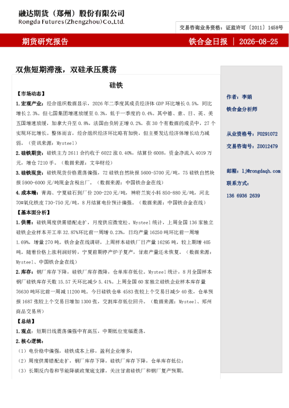 铁合金日报-双焦短期滞涨，双硅承压震荡