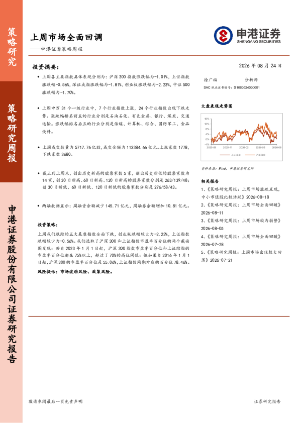 策略周报：上周市场全面回调