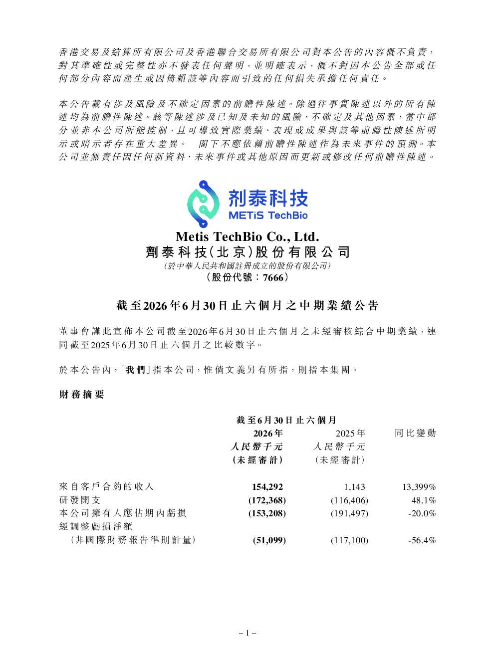 剂泰科技-P：截至2026年6月30日止六个月之中期业绩公告